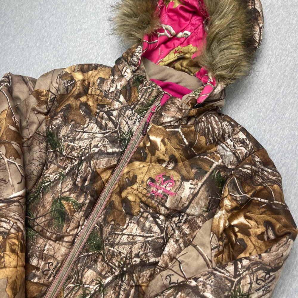 Realtree Xtra Camo Puffer Jacket Womens L Brown Pink Faux Fur Hood EUC - Picture 2 of 13